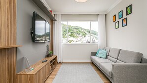 A modern living room with a grey sofa, a flat-screen TV, and a large window offering a view of a hilly landscape. - WI-FI 500MB | 50” Smart TV | Swimming Pool #CA67 (Florianópolis)