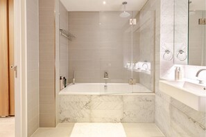 Hair dryer, towels, soap, shampoo