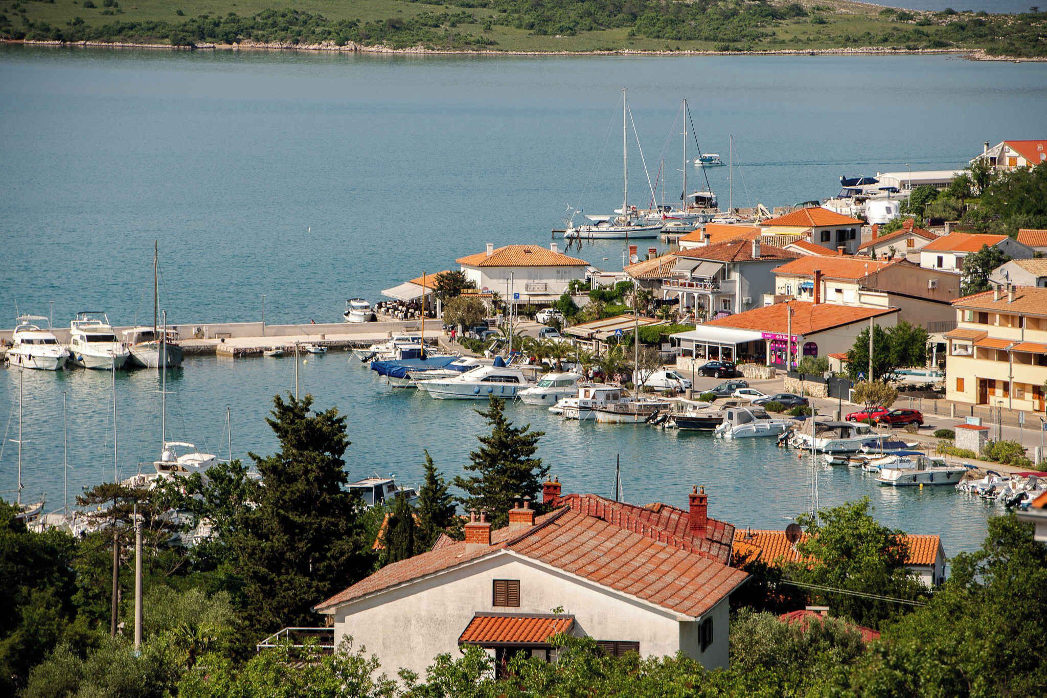 A marina with boats docked, surrounded by residential buildings with red-tiled roofs.