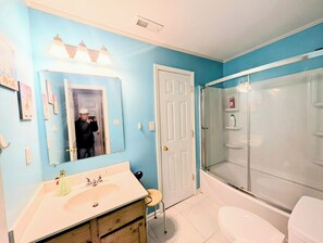 Hair dryer, bidet, towels, soap