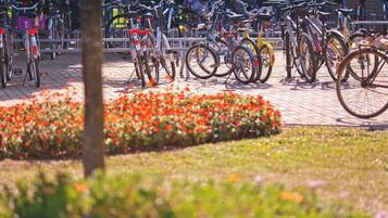 A row of bicycles parked in an outdoor area with a flower bed in the foreground.