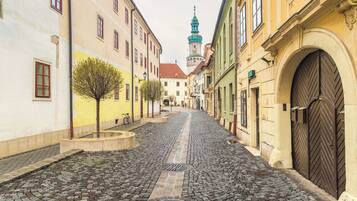 A cobblestone street lined with historic buildings, a central tree, and a distant tower.