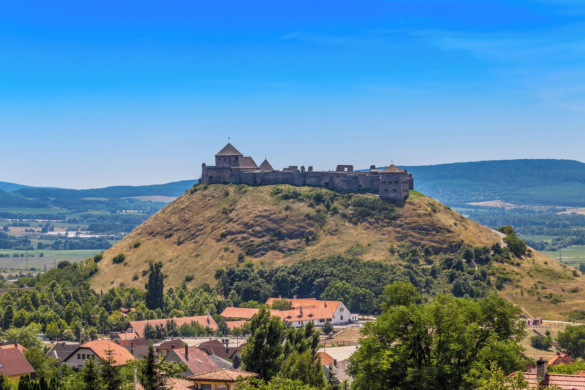 A historic castle on a hill with surrounding houses and greenery.