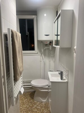 Hiustenkuivaaja, pyyhkeet, saippua, vessapaperi