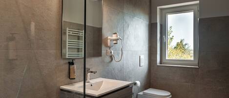 A modern bathroom with a large mirror, a sink, a toilet, and a shower.