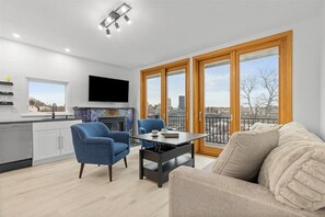 Smart TV, fireplace, books