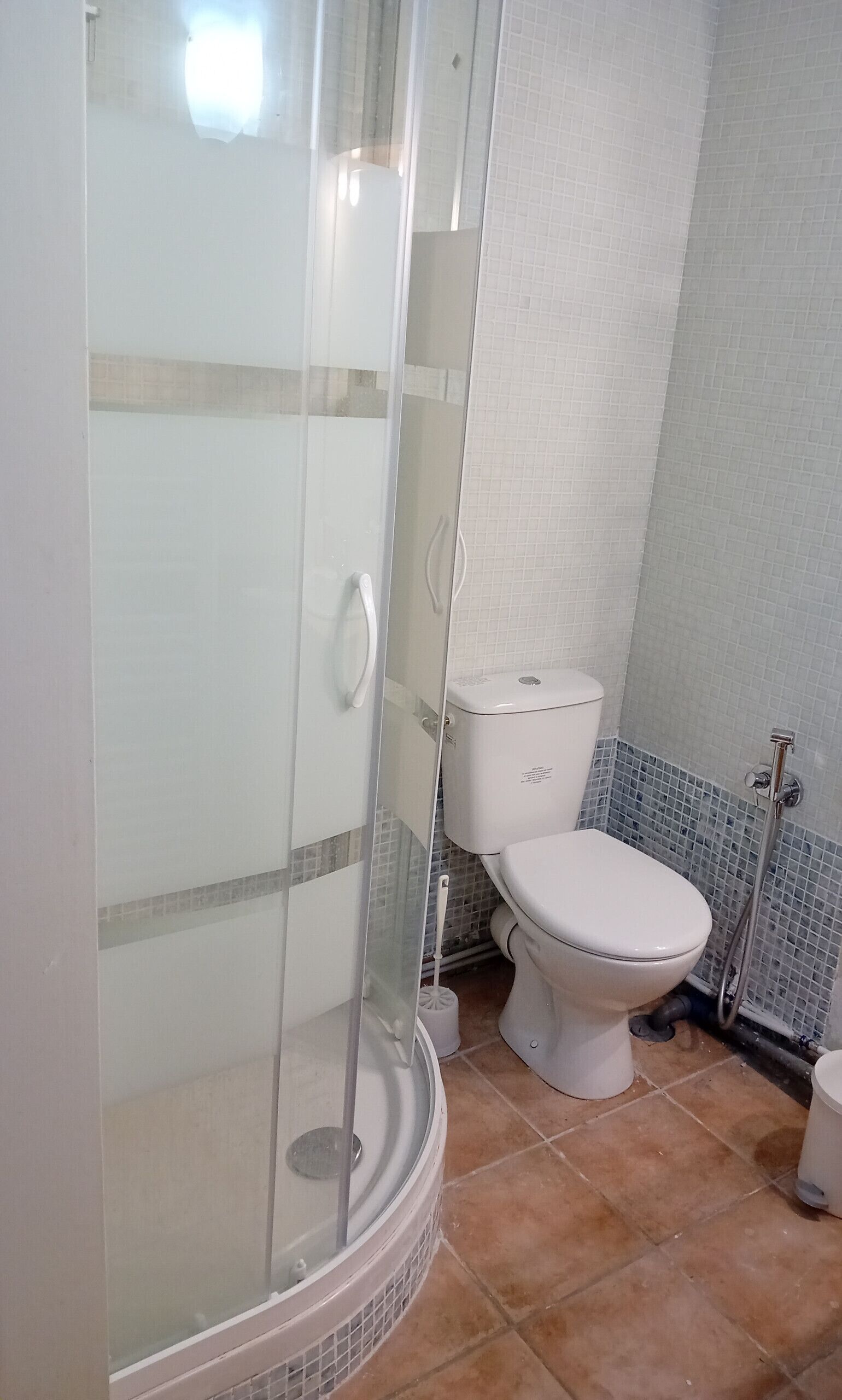Een badkamer met een glazen douchecabine, toilet en een bidet.