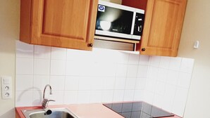 Una cocina compacta con armarios de madera, un microondas integrado, un lavamanos y un lavavajillas.