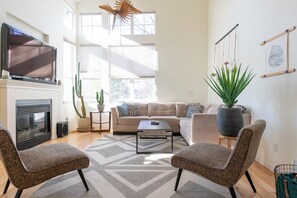 Smart TV, fireplace, books