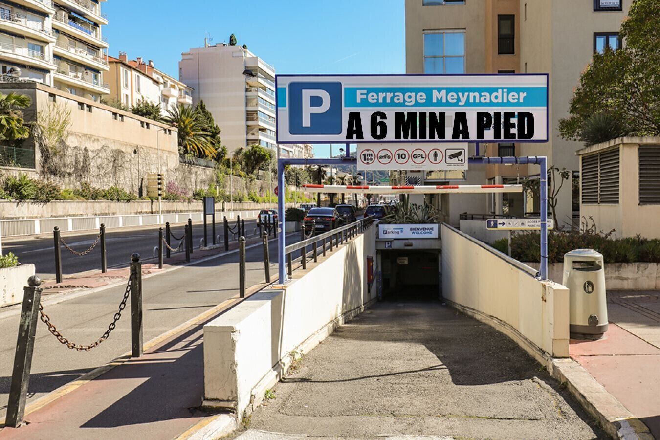 Parkschild für Ferrage Meynadier mit einer Parkzeitbegrenzung von 6 Minuten.