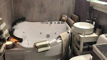 Hair dryer, towels, soap, toilet paper