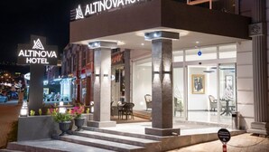 The exterior of Altinova Hotel with a modern facade, prominent signage, and a well-lit entrance area. - Altınova Hotel Sakarya  (Serdivan)