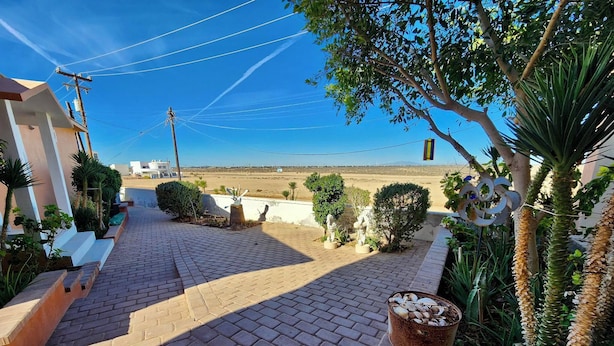 A paved pathway leading to a building with a view of the beach.