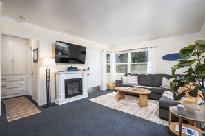 Smart TV, fireplace, books