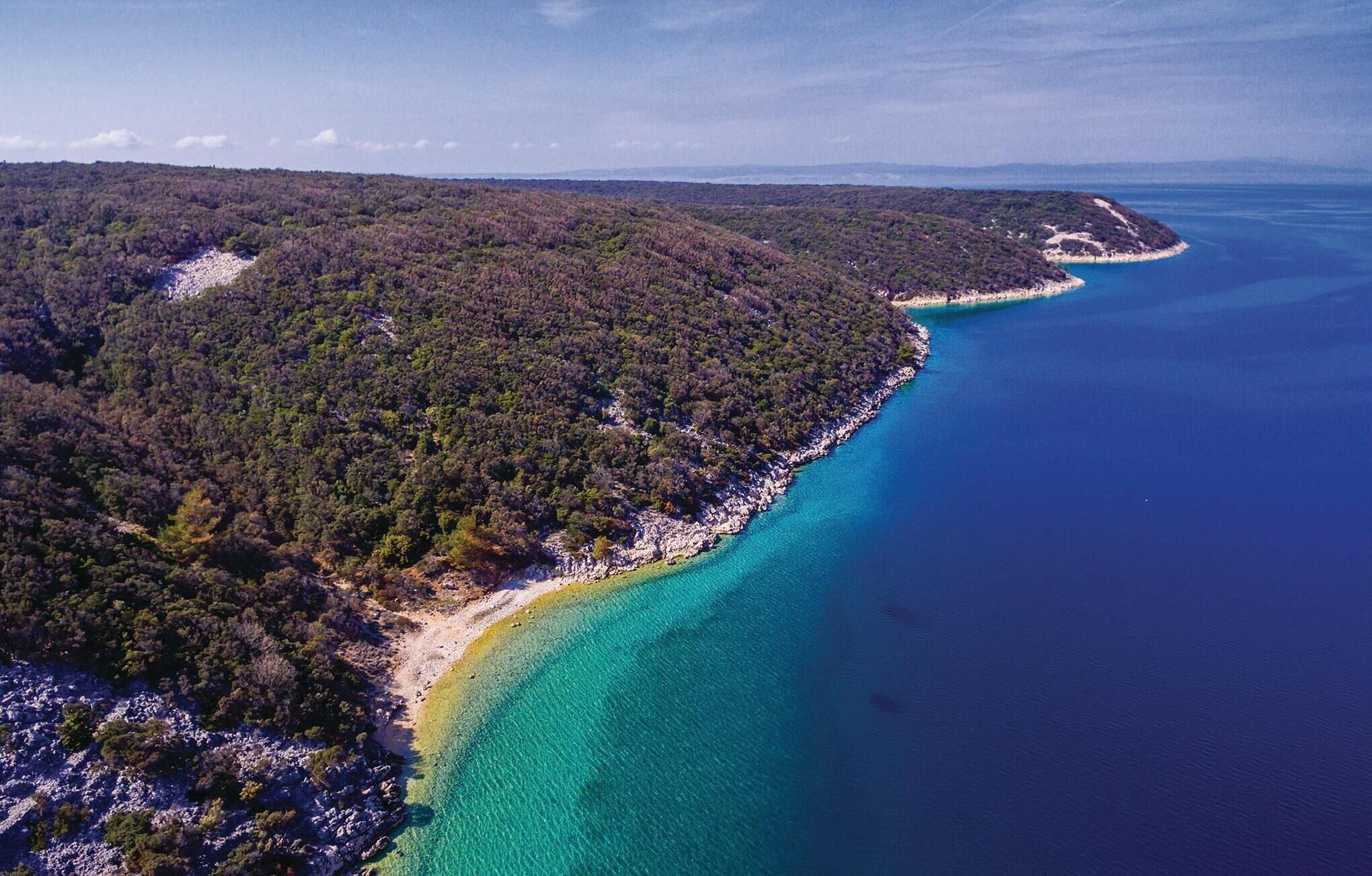 Ett flygbildsbild av ett kustområde med en skogbeklädd halvö och en klar, turkos kustlinje.
