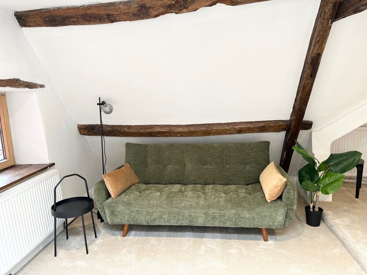 Un canapé vert aux pieds en bois, une chaise noire et une plante en pot dans une pièce dont on peut voir les poutres apparentes et qui est équipée d’un radiateur blanc.