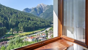 A mountain view through a window with a wooden frame and lace curtain. - Room 'Abeti' with Mountain View (San Pietro di Cadore)