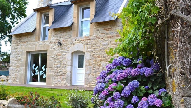 Una casa de piedra con techo inclinado, una ventana visible y un muro de piedra con flores de hortensia moradas.