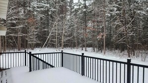 A snow-covered deck with a black railing, surrounded by a forest of trees. - Spacious 5-BR home in Manitowish Waters with pier access on Chain of Lakes. (Manitowish Waters)