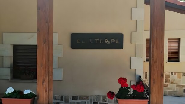 Ein Schild mit der Aufschrift 'EL LUGAR DE' über einer Wand mit zwei Blumentöpfen, einer mit weißen Blüten und einem mit roten Blüten.