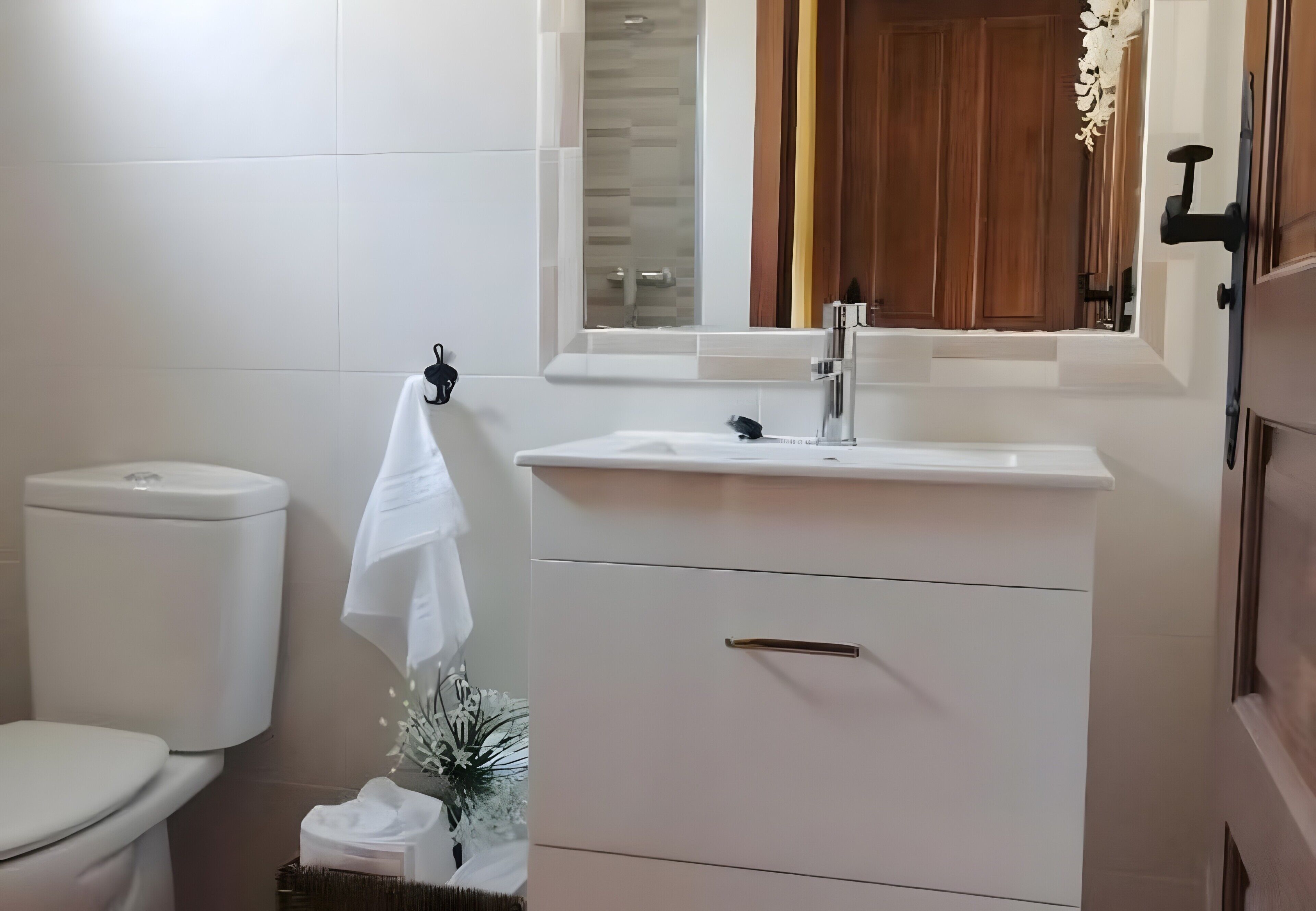 Chuveiro, secador de cabelo, toalhas de banho 