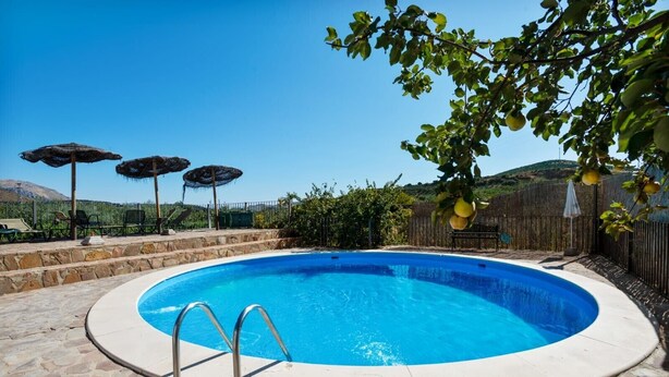 Una piscina circular con borde de piedra, rodeada de sillones de descanso y sombrillas.