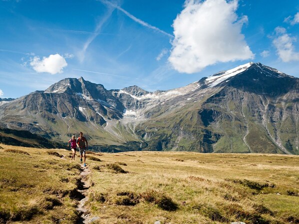 A mountainous landscape with a clear sky and a hiker on a trail. - Apartments Goldbergblick - TOP 3, City center & Balcony (Rauris)