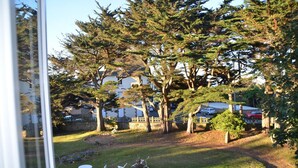 A view of a residential area with trees, a lawn, and a small patio with chairs and a table. - Villa 'Magnifique  À 80m Des Plages' with Private Terrace, Private Garden and Wi-Fi (Trébeurden)