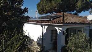 A house with a solar panel roof, a large tree, and a white exterior.