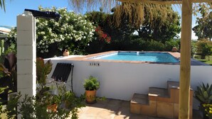 A swimming pool with steps leading up to it, surrounded by potted plants and a pergola.