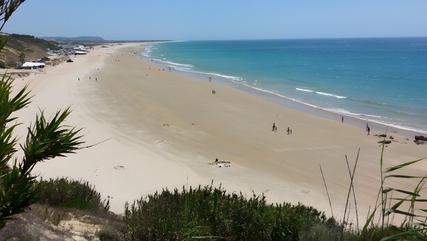 A wide sandy beach with clear blue water, a few people, and some vegetation in the foreground.