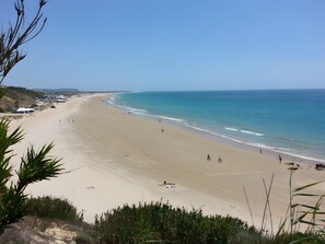 Una amplia playa de arena con agua azul cristalina, algunas personas y vegetación en primer plano.