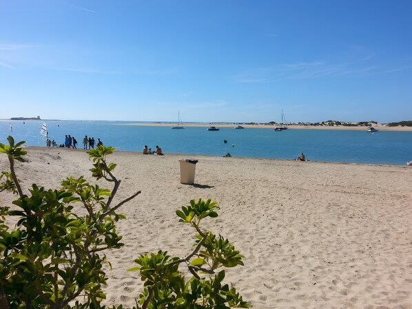 Una playa con gente, barcos y un cielo despejado.