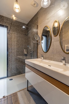 Douche, séchoir à cheveux, serviettes fournies