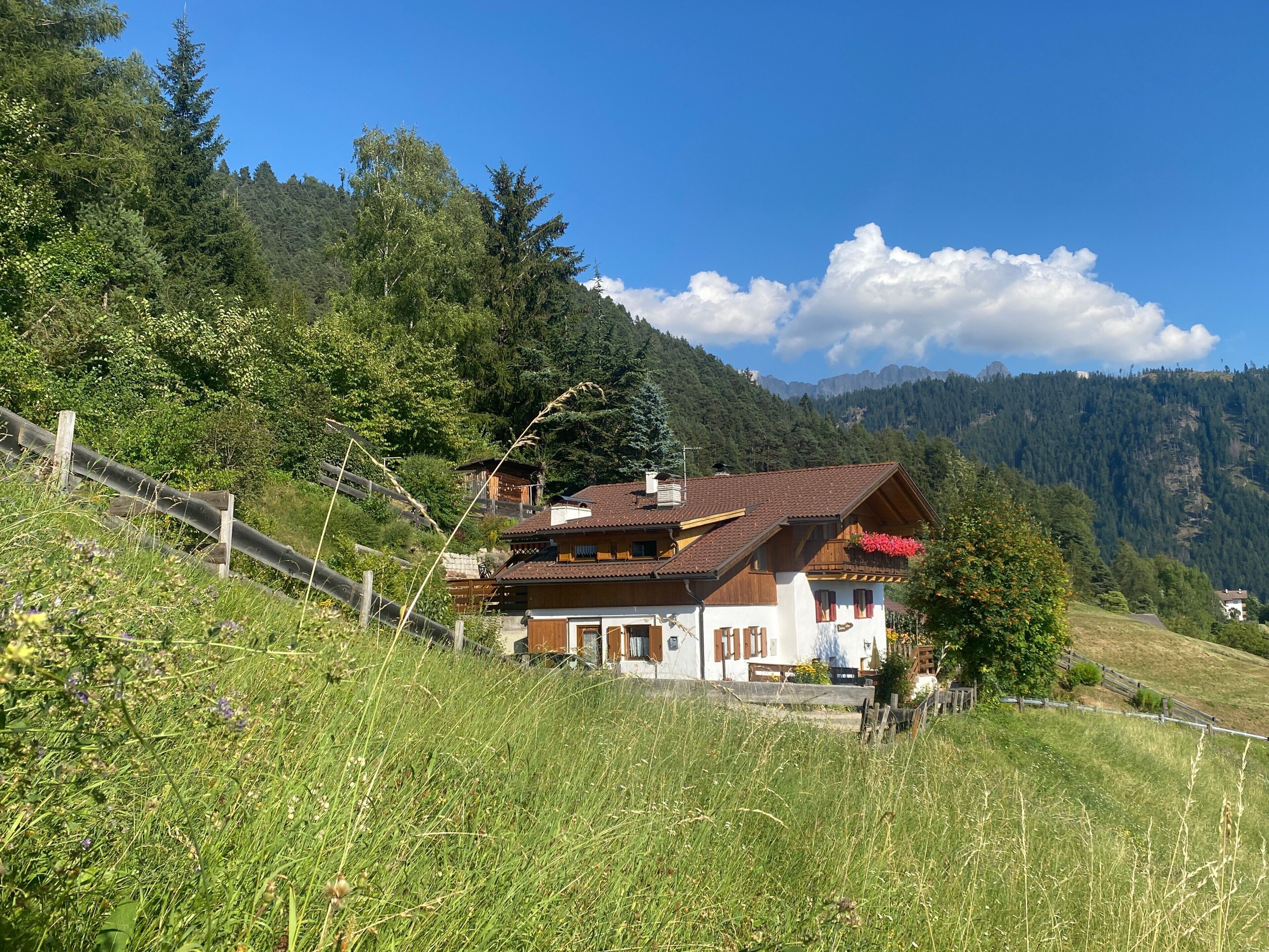 Un tipico chalet con tetto spiovente, rivestimento in legno e vista su un paesaggio montano.