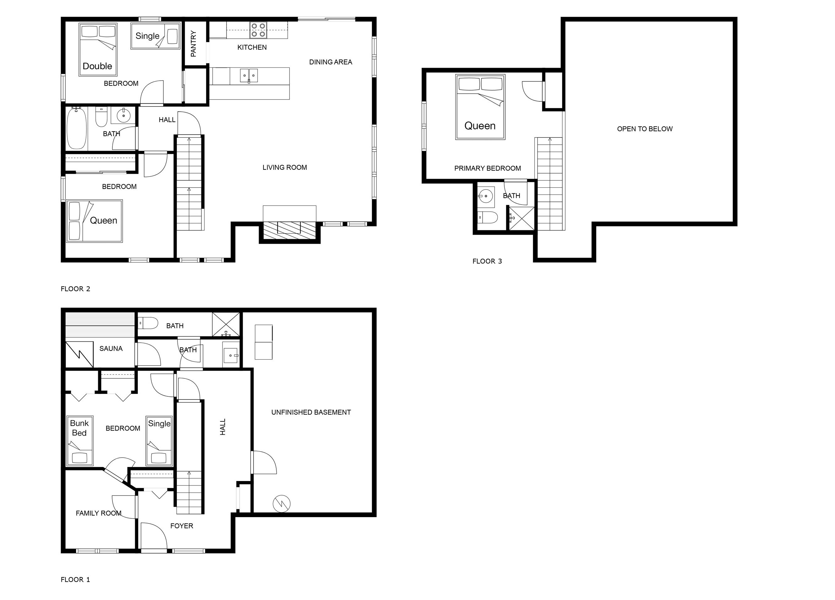 Distribución de un hotel de tres plantas, que incluye un comedor, cocina, varias habitaciones, baños, sala de estar y una sauna.
