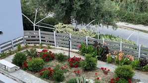 Un jardin aménagé avec une variété de plantes et de fleurs, une clôture blanche et un chemin pavé.