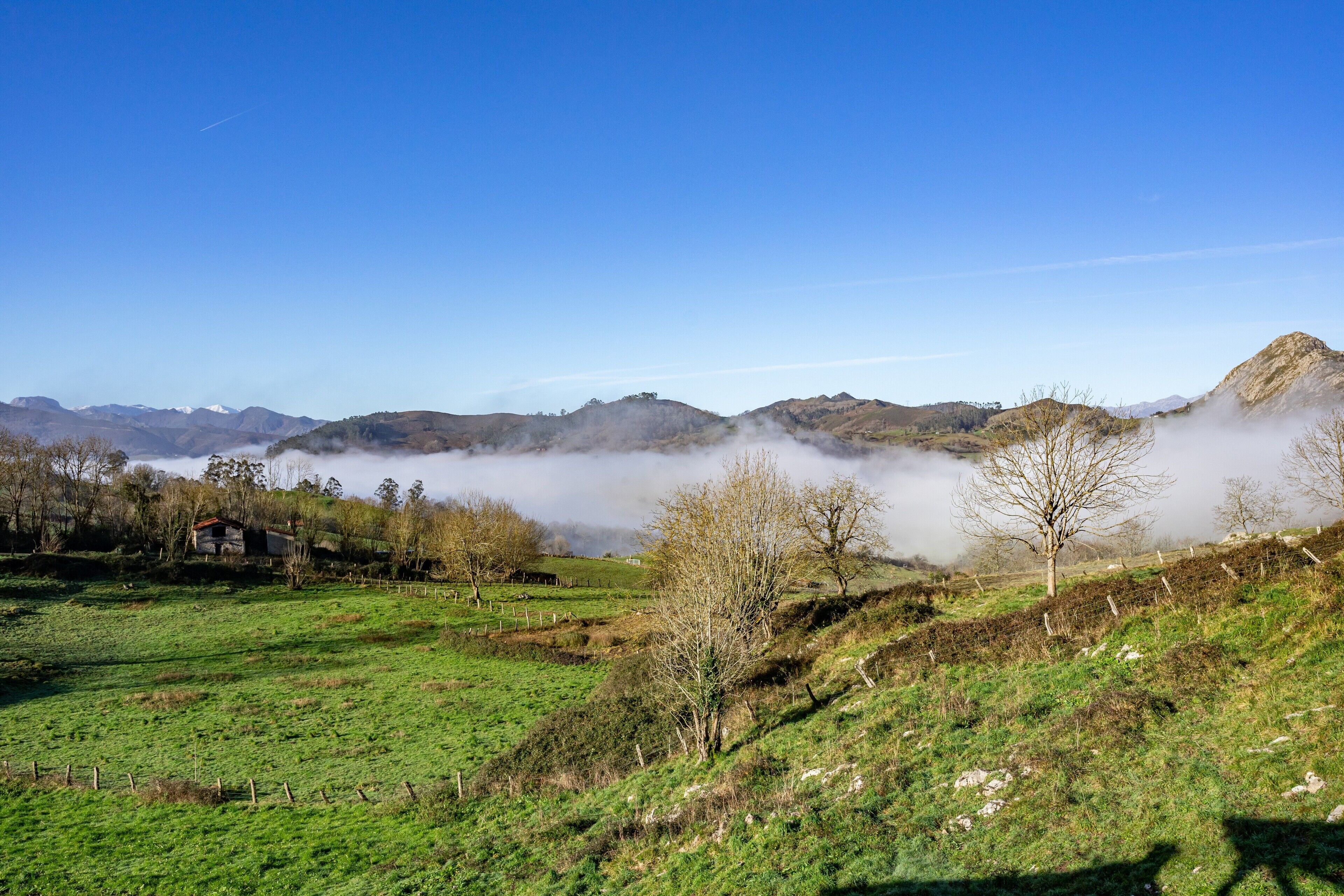 A rural landscape with rolling hills, a clear sky, and a distant mountain range.