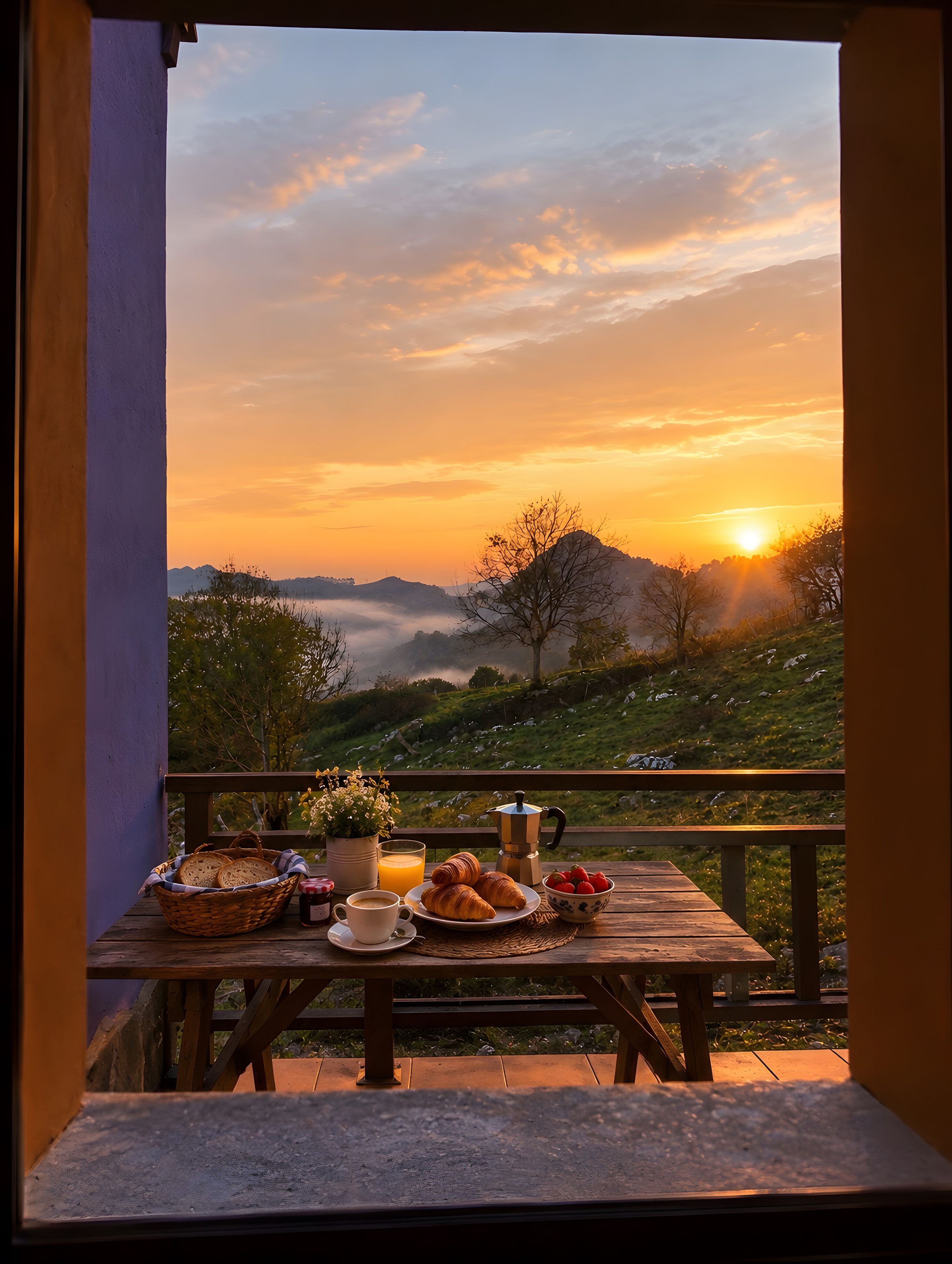 Una mesa de madera con alimentos para el desayuno y vistas a un amanecer sobre un paisaje montañoso.