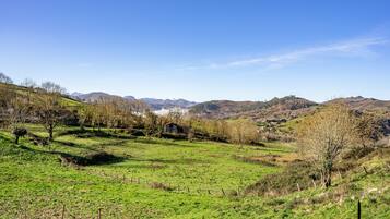 Ländliche Landschaft mit einem kleinen Haus, umgeben von Feldern und Bäumen, unter blauem Himmel.