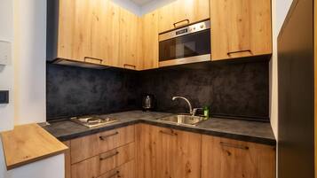 Frigorífico, microondas, horno y placa de cocina