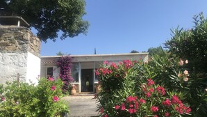 Une maison avec une façade en pierre, un mur blanc et un jardin agrémenté de fleurs roses.