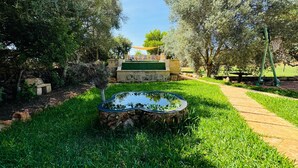 A garden with a pond, a pathway, and a seating area with a table and chairs. - Country House 'Can Conill Llucmajor' with Mountain View, Wi-Fi and Air Conditioning (Illes Balears)