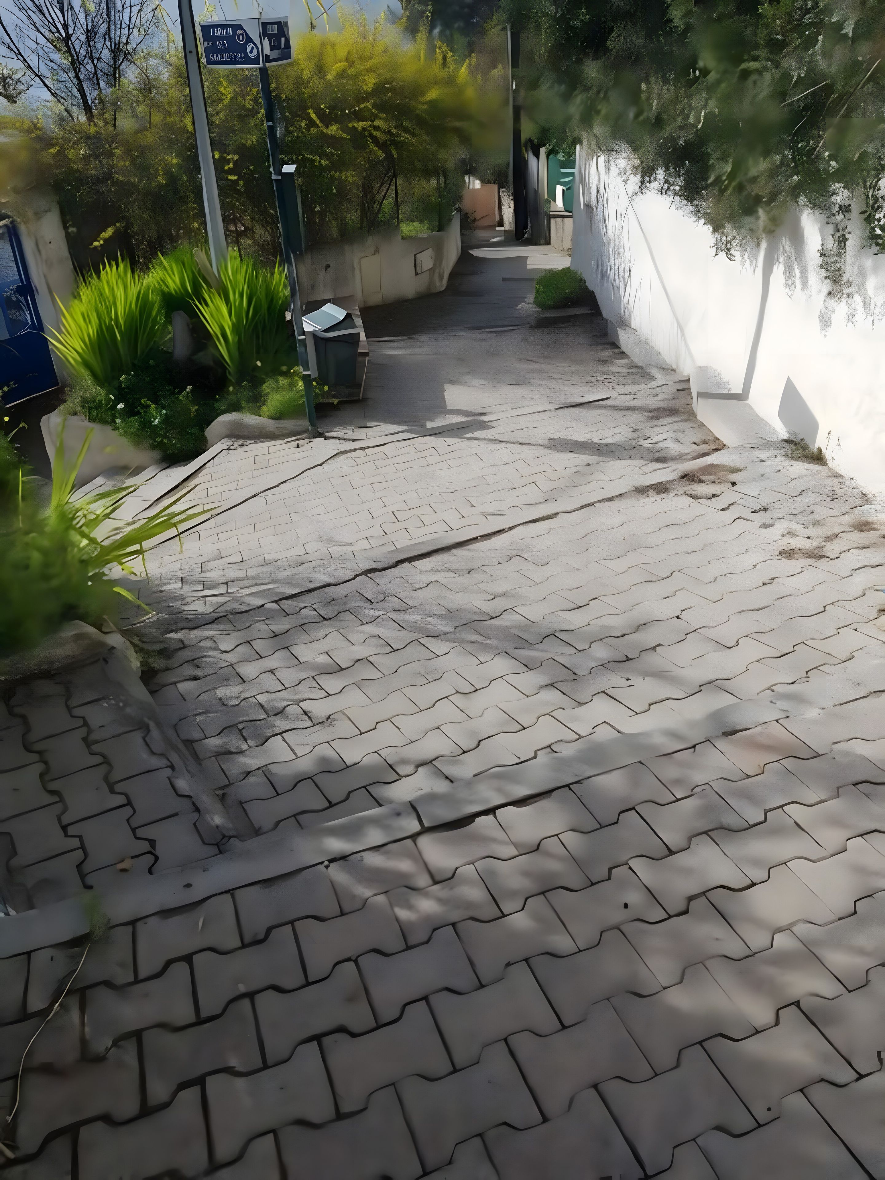Un chemin pavé, bordé d’un côté par un mur blanc et de l’autre par de la verdure.