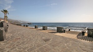 A stone-paved promenade with a railing overlooking the sea, palm trees, and distant hills. - Vacation 'Avenida Marítima' with Sea View, Wi-Fi and Air Conditioning (Candelaria)