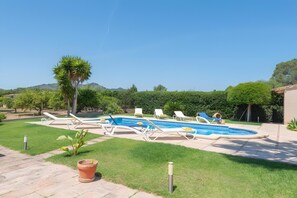 A backyard with a swimming pool, lounge chairs, a palm tree, and a well-maintained lawn. - Country House 'Cati Ref 57' with Private Pool, Wi-Fi and Air Conditioning (Son Servera)