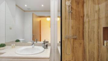 Regadera, secadora de cabello, toallas