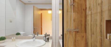Shower, hair dryer, towels
