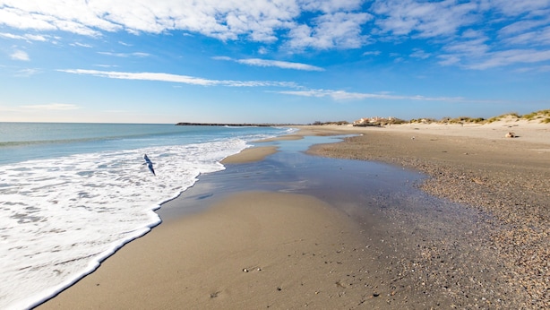 Een strand met een breed zandstrand, zachte golven en een heldere lucht.