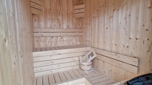 A wooden sauna with benches and a stone hot tub.